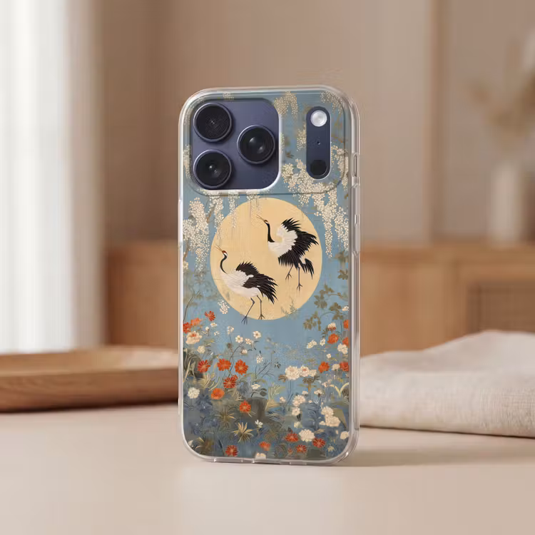 Kraanvogels - Maan - Bloemen - Blauw Telefoonhoesje iPhone 17 Pro klein -sfeer2