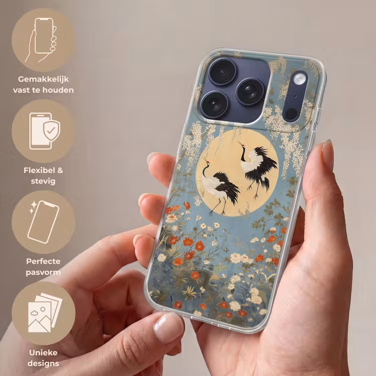 Kraanvogels - Maan - Bloemen - Blauw Telefoonhoesje iPhone 17 Pro klein -sfeer3_NL