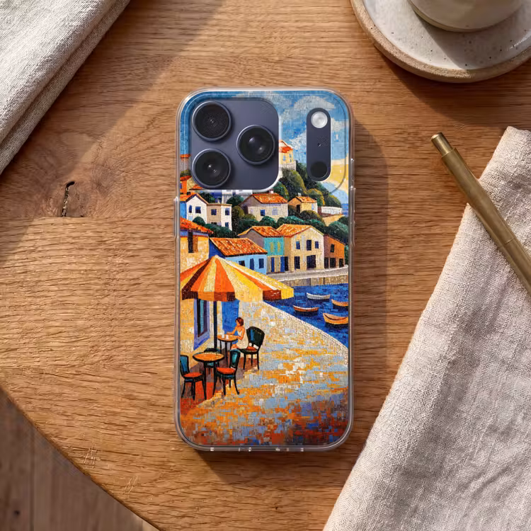 Kustdorp - Huisjes - Mozaïek - Zee Telefoonhoesje iPhone 17 Pro klein -sfeer1