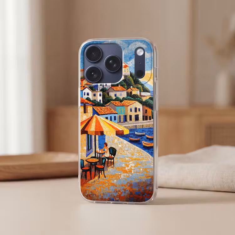 Kustdorp - Huisjes - Mozaïek - Zee Telefoonhoesje iPhone 17 Pro klein -sfeer2