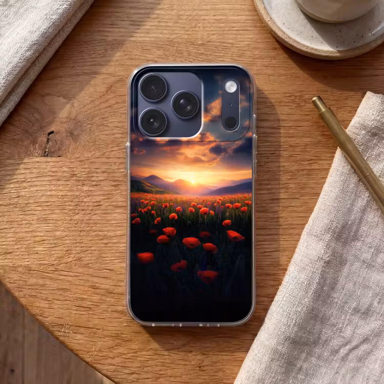Landschap - Zonsondergang - Bloemenveld Telefoonhoesje iPhone 17 Pro klein -sfeer1