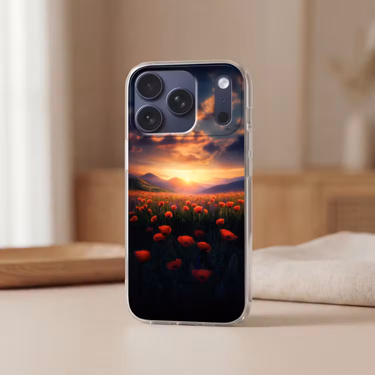 Landschap - Zonsondergang - Bloemenveld Telefoonhoesje iPhone 17 Pro klein -sfeer2