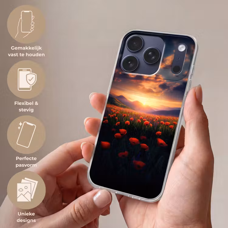 Landschap - Zonsondergang - Bloemenveld Telefoonhoesje iPhone 17 Pro klein -sfeer3_NL