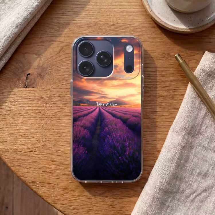Lavendelveld - Quote - Zonsondergang Telefoonhoesje iPhone 17 Pro klein -sfeer1
