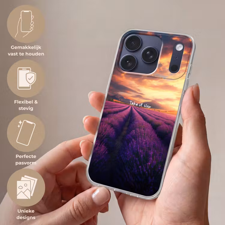 Lavendelveld - Quote - Zonsondergang Telefoonhoesje iPhone 17 Pro klein -sfeer3_NL