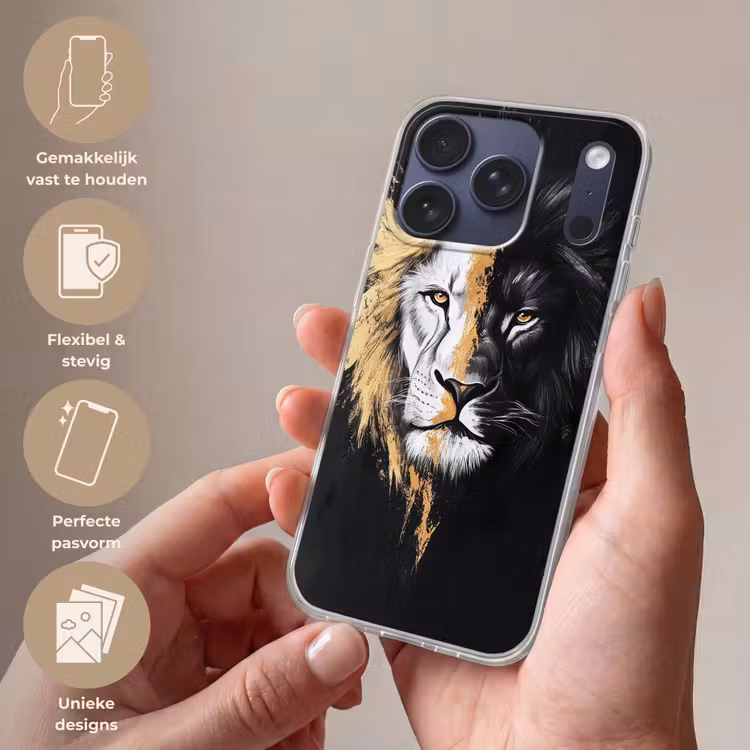 Leeuw - Gesplitst - Zwart - Lijn Telefoonhoesje iPhone 17 Pro klein -sfeer3_NL
