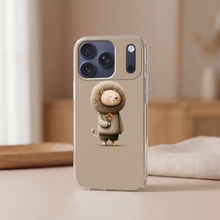 Leeuw - Oranje bloemen - Vriendelijk Telefoonhoesje iPhone 17 Pro klein -sfeer2