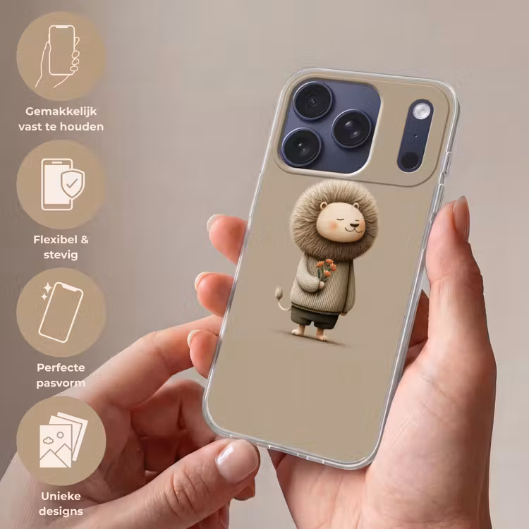 Leeuw - Oranje bloemen - Vriendelijk Telefoonhoesje iPhone 17 Pro klein -sfeer3_NL