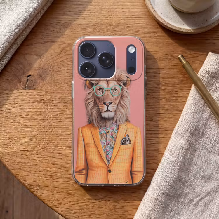 Leeuw - Pak - Geruit - Bril Telefoonhoesje iPhone 17 Pro klein -sfeer1