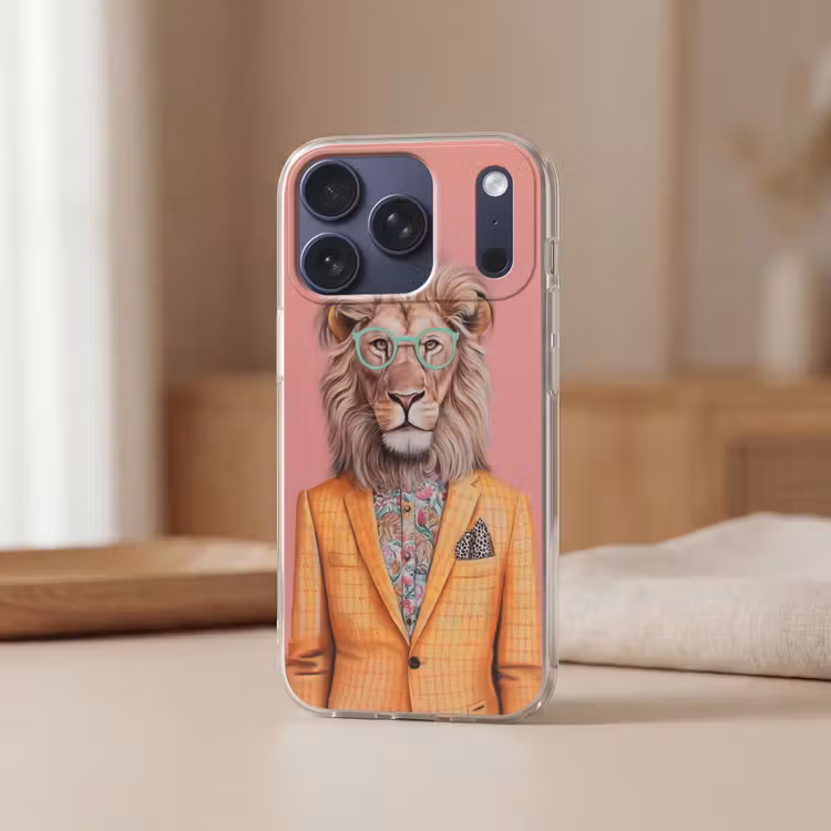 Leeuw - Pak - Geruit - Bril Telefoonhoesje iPhone 17 Pro klein -sfeer2