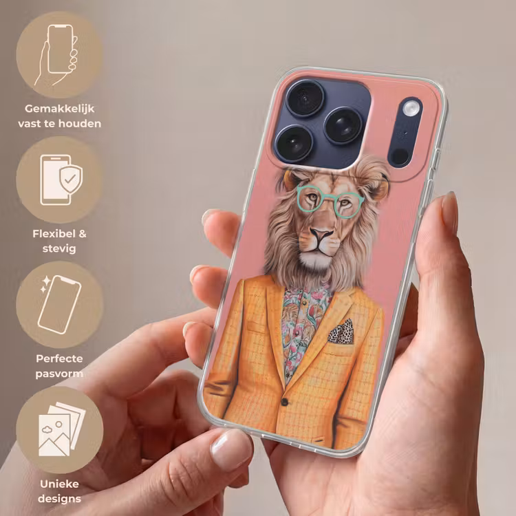 Leeuw - Pak - Geruit - Bril Telefoonhoesje iPhone 17 Pro klein -sfeer3_NL