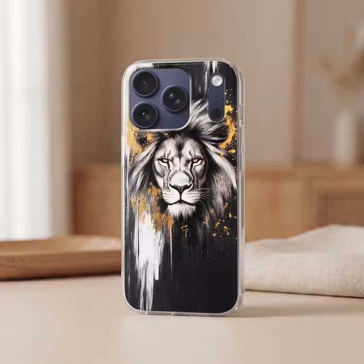 Leeuw - Portret - Verfspatten - Grijs Telefoonhoesje iPhone 17 Pro klein -sfeer2
