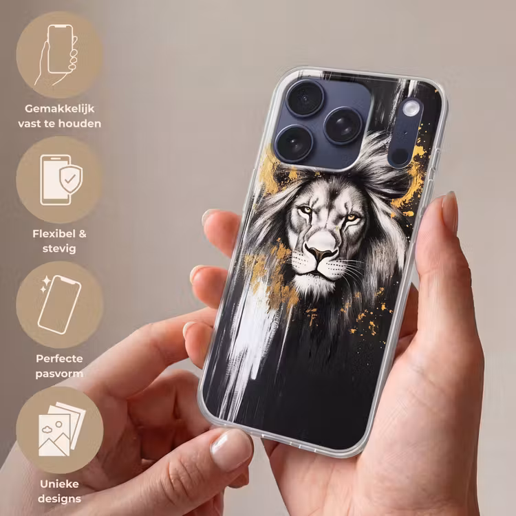 Leeuw - Portret - Verfspatten - Grijs Telefoonhoesje iPhone 17 Pro klein -sfeer3_NL