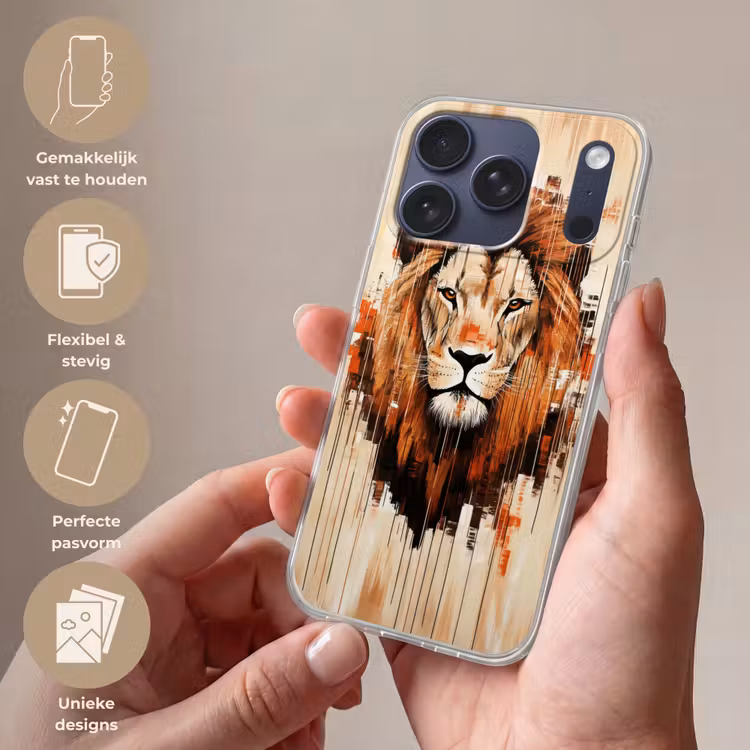 Leeuwenkop - Lijnen - Crème Telefoonhoesje iPhone 17 Pro klein -sfeer3_NL