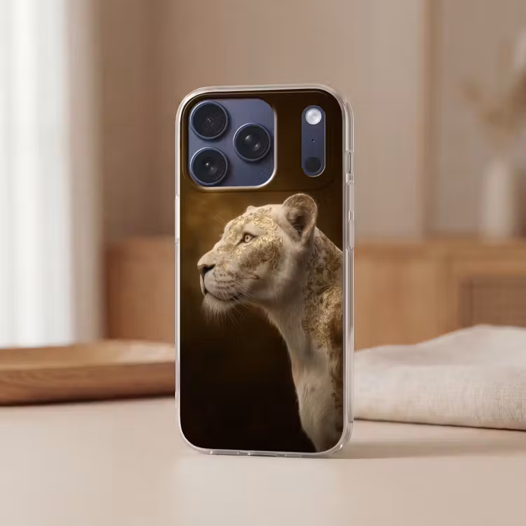 Leeuwin - Bloemen - Wit - Goud Telefoonhoesje iPhone 17 Pro klein -sfeer2