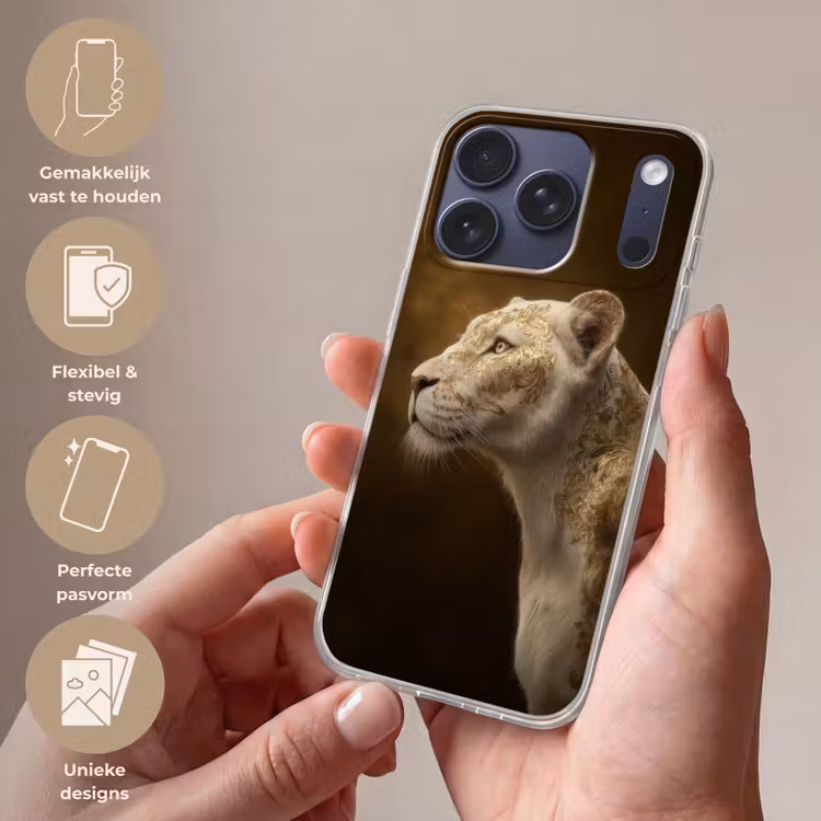 Leeuwin - Bloemen - Wit - Goud Telefoonhoesje iPhone 17 Pro klein -sfeer3_NL