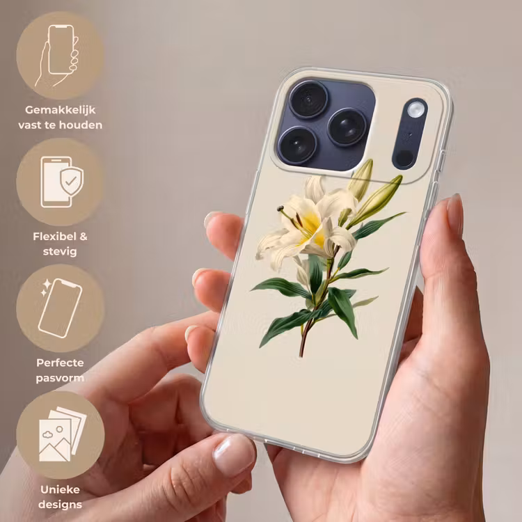 Lelie - Elegant - Botanisch - Beige Telefoonhoesje iPhone 17 Pro klein -sfeer3_NL