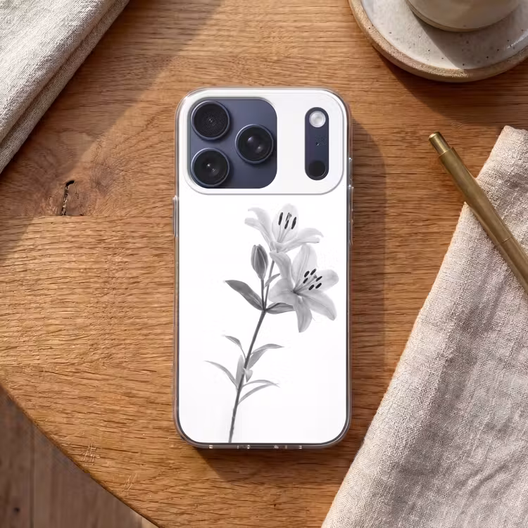 Lelies - Elegant - Zwart - Wit Telefoonhoesje iPhone 17 Pro klein -sfeer1