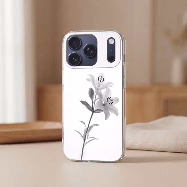 Lelies - Elegant - Zwart - Wit Telefoonhoesje iPhone 17 Pro klein -sfeer2