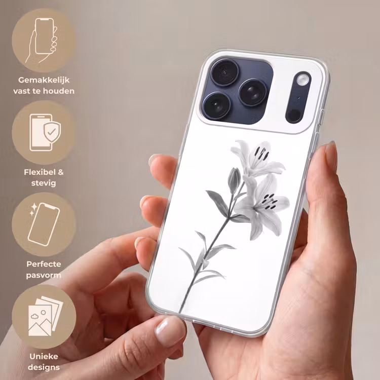 Lelies - Elegant - Zwart - Wit Telefoonhoesje iPhone 17 Pro klein -sfeer3_NL