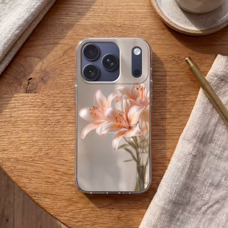 Lelies - Meeldraden - Roze - Wazig Telefoonhoesje iPhone 17 Pro klein -sfeer1