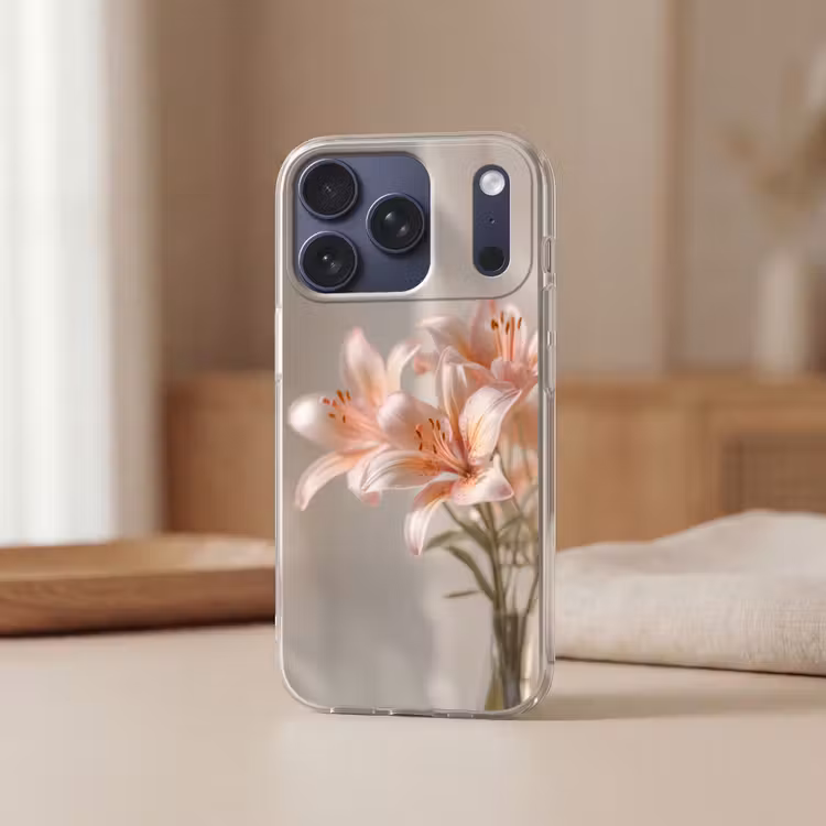 Lelies - Meeldraden - Roze - Wazig Telefoonhoesje iPhone 17 Pro klein -sfeer2