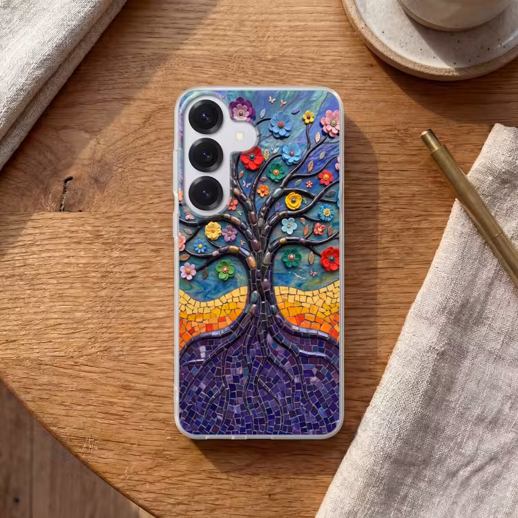 Levensboom - Mozaïek - Bloemen - Kleurrijk - Vrolijk Telefoonhoesje Samsung Galaxy S26 klein -sfeer1