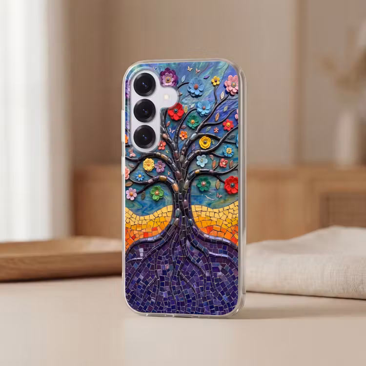 Levensboom - Mozaïek - Bloemen - Kleurrijk - Vrolijk Telefoonhoesje Samsung Galaxy S26 klein -sfeer2