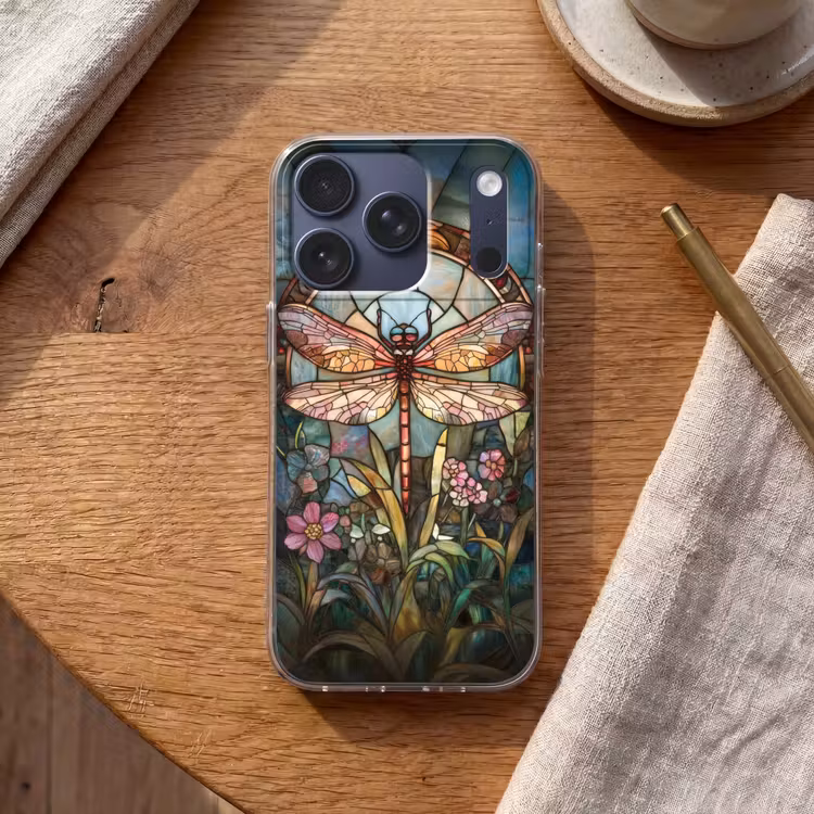 Libelle - Mozaïek - Bloemen - Kleurrijk Telefoonhoesje iPhone 17 Pro klein -sfeer1
