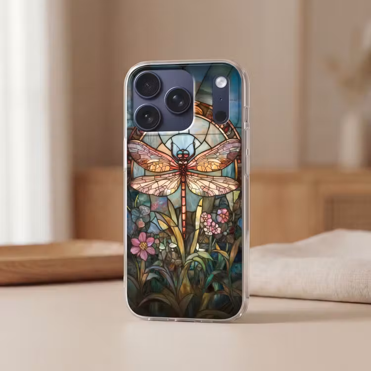 Libelle - Mozaïek - Bloemen - Kleurrijk Telefoonhoesje iPhone 17 Pro klein -sfeer2