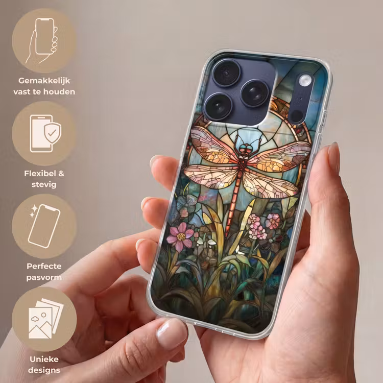 Libelle - Mozaïek - Bloemen - Kleurrijk Telefoonhoesje iPhone 17 Pro klein -sfeer3_NL