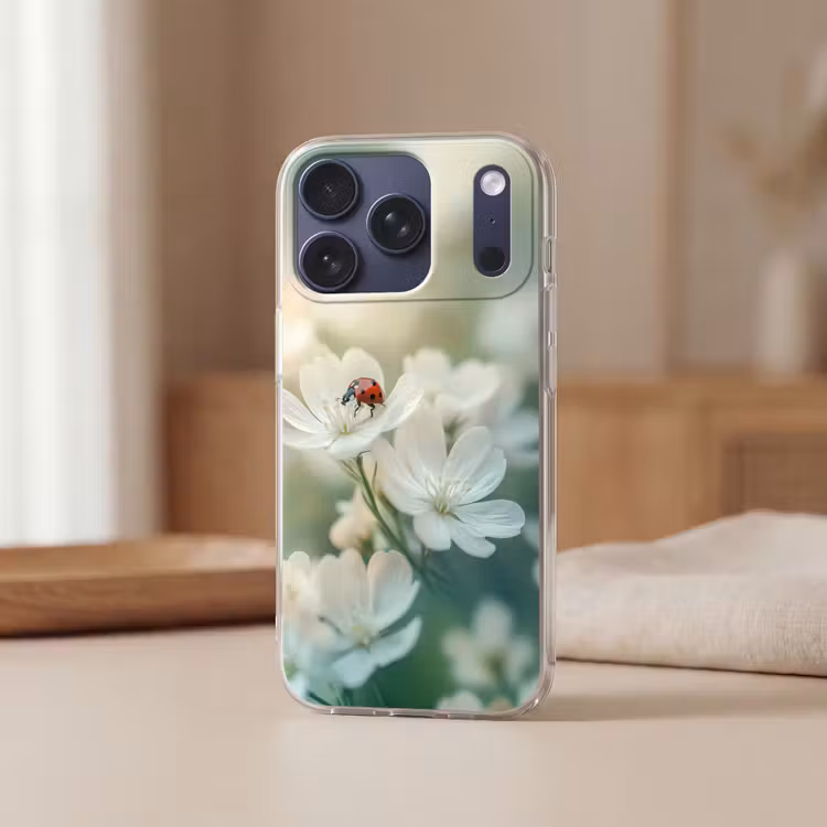Lieveheersbeestje - Bloemen - Wit Telefoonhoesje iPhone 17 Pro klein -sfeer2