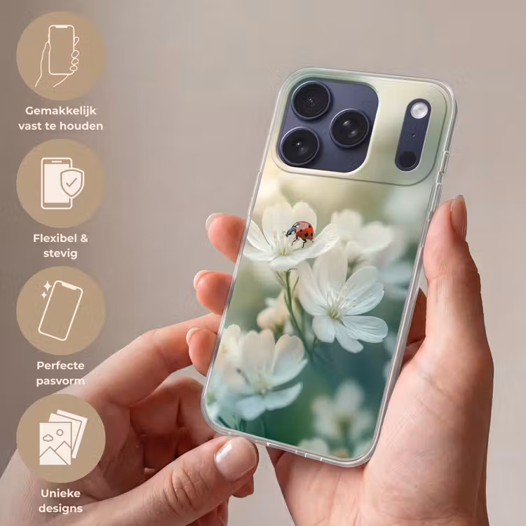 Lieveheersbeestje - Bloemen - Wit Telefoonhoesje iPhone 17 Pro klein -sfeer3_NL