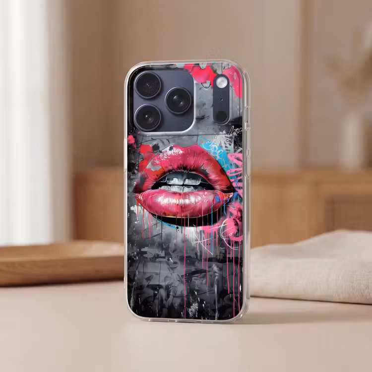 Lippen - Felroze - Graffiti - Verfstrepen Telefoonhoesje iPhone 17 Pro klein -sfeer2