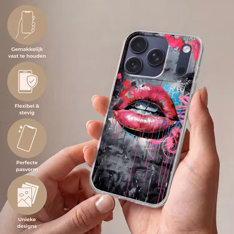Lippen - Felroze - Graffiti - Verfstrepen Telefoonhoesje iPhone 17 Pro klein -sfeer3_NL