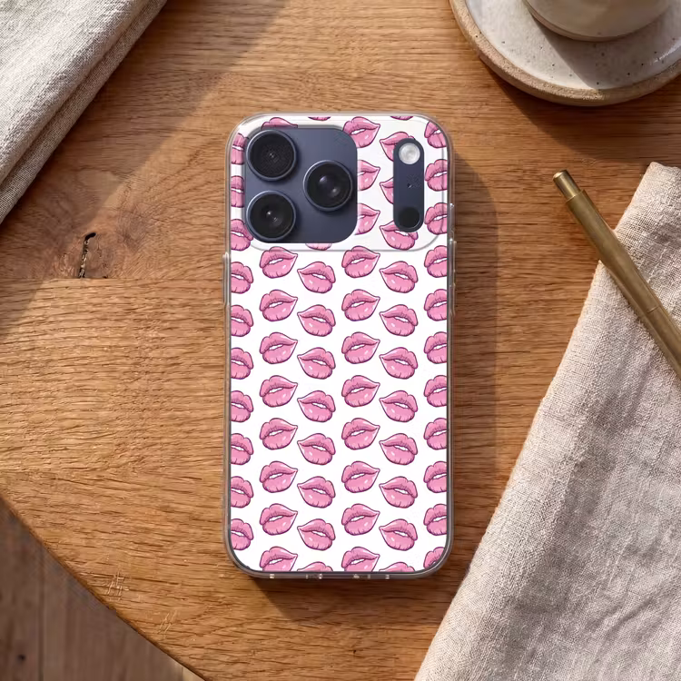 Lippen - Patroon - Roze - Wit Telefoonhoesje iPhone 17 Pro klein -sfeer1