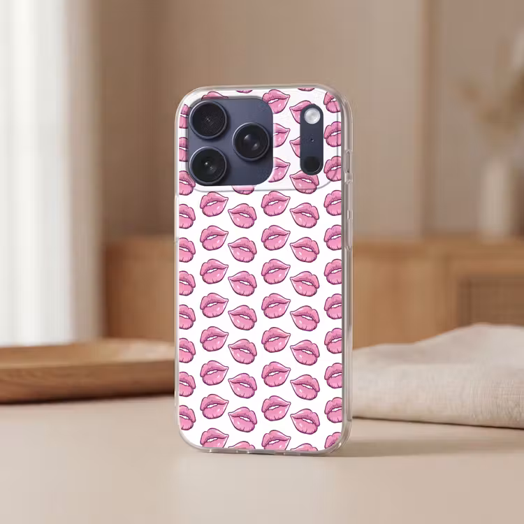 Lippen - Patroon - Roze - Wit Telefoonhoesje iPhone 17 Pro klein -sfeer2
