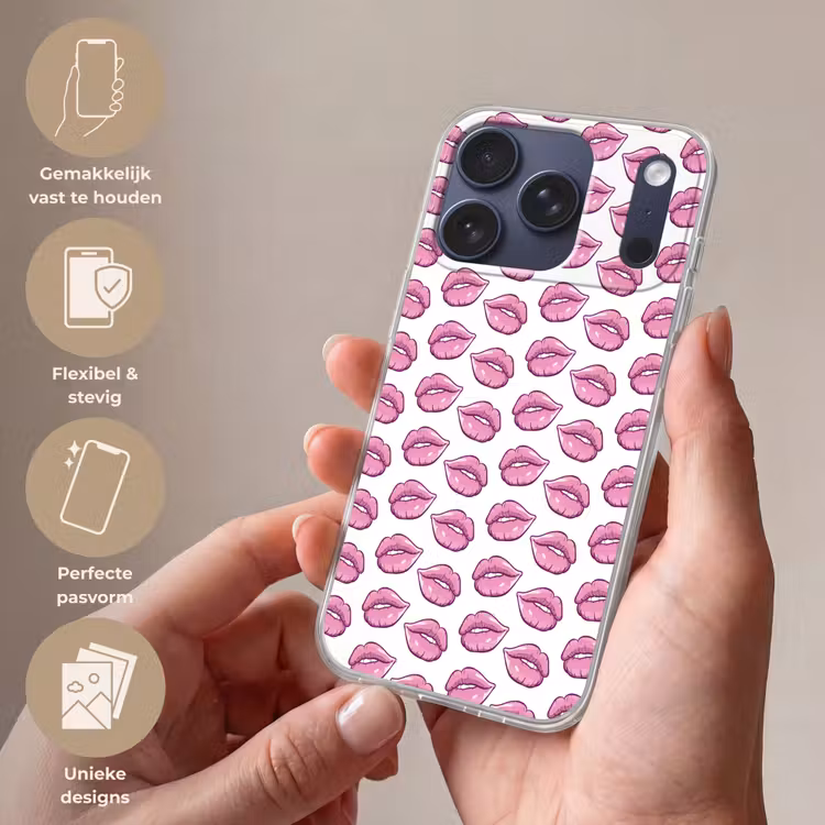 Lippen - Patroon - Roze - Wit Telefoonhoesje iPhone 17 Pro klein -sfeer3_NL