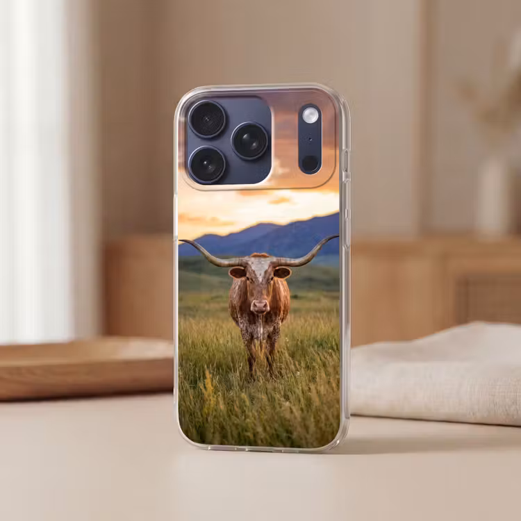 Longhorn - Landschap - Zonsondergang Telefoonhoesje iPhone 17 Pro klein -sfeer2