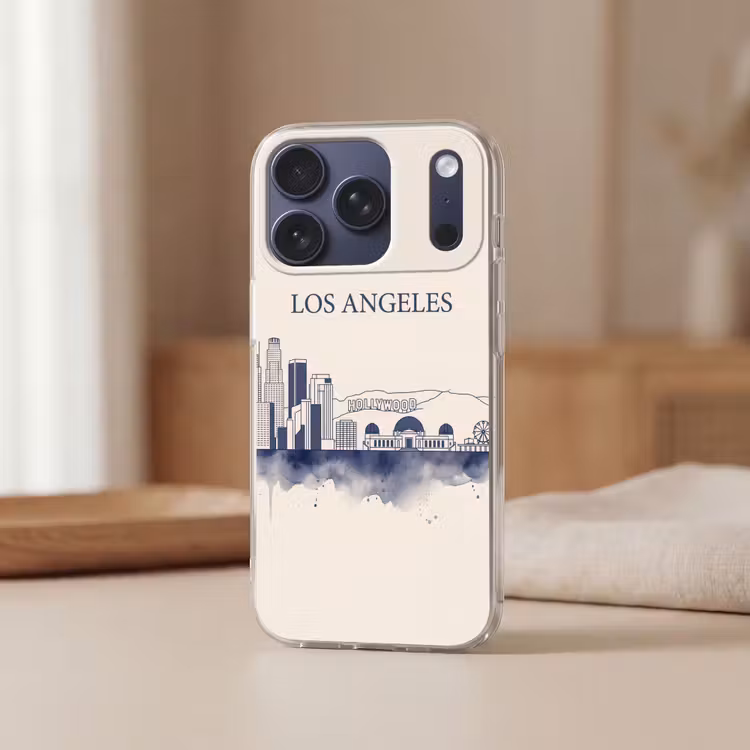 Los Angeles - Skyline - Architectuur - Aquarel - Blauw Telefoonhoesje iPhone 17 Pro klein -sfeer2