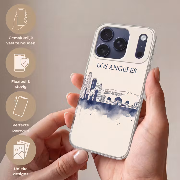 Los Angeles - Skyline - Architectuur - Aquarel - Blauw Telefoonhoesje iPhone 17 Pro klein -sfeer3_NL