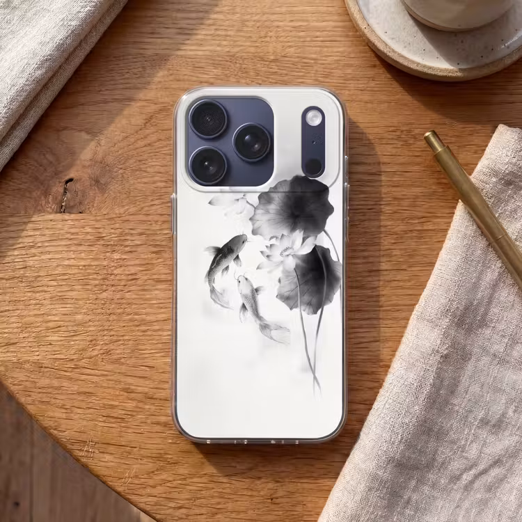 Lotusbloemen - Vissen - Bladeren - Zwart Telefoonhoesje iPhone 17 Pro klein -sfeer1