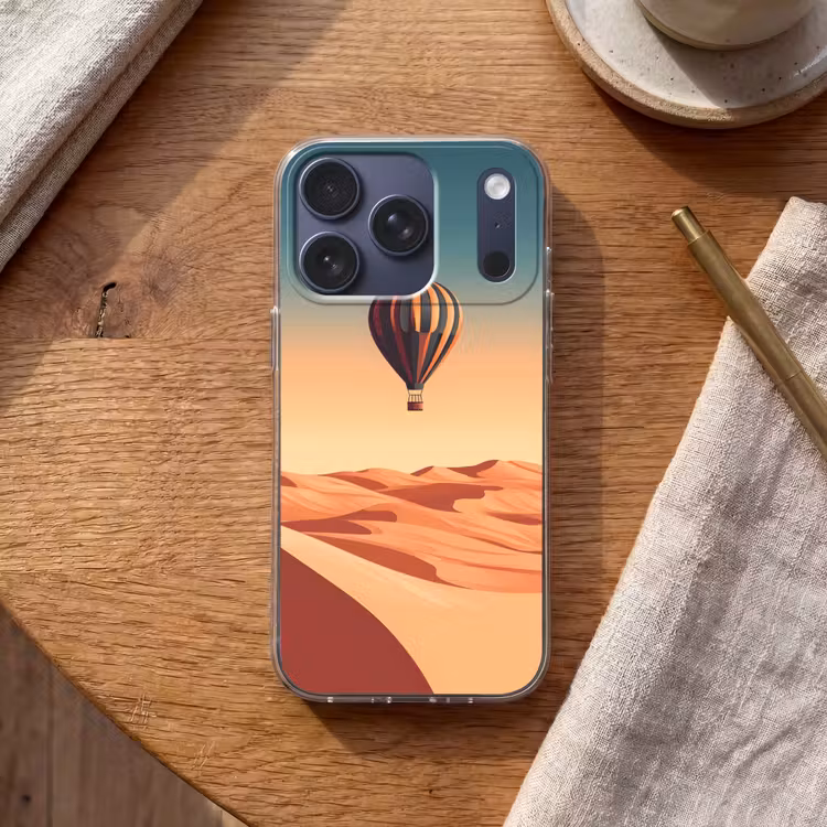 Luchtballon - Woestijn - Zonsondergang - Blauw Telefoonhoesje iPhone 17 Pro klein -sfeer1
