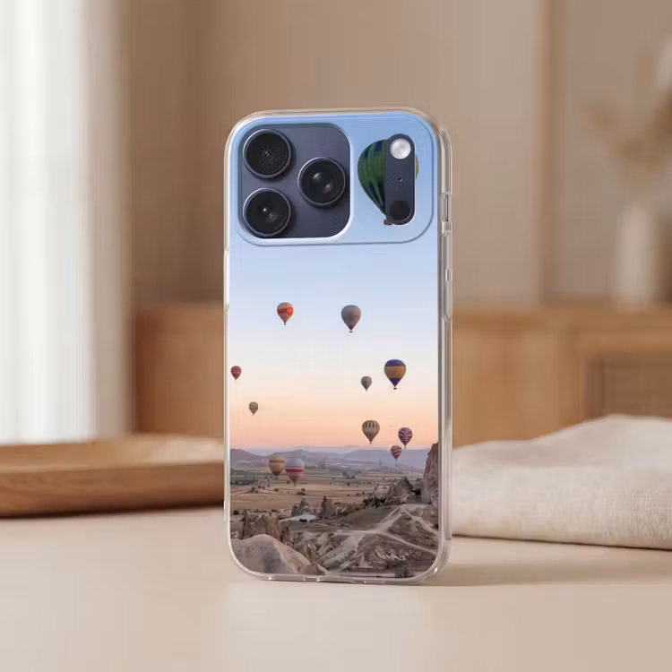 Luchtballonnen - Rotsen - Zonsopgang Telefoonhoesje iPhone 17 Pro klein -sfeer2