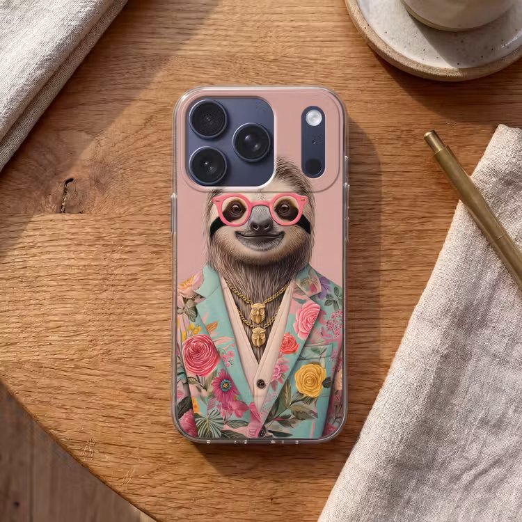 Luiaard - Bloemenprint - Bril - Roze Telefoonhoesje iPhone 17 Pro klein -sfeer1