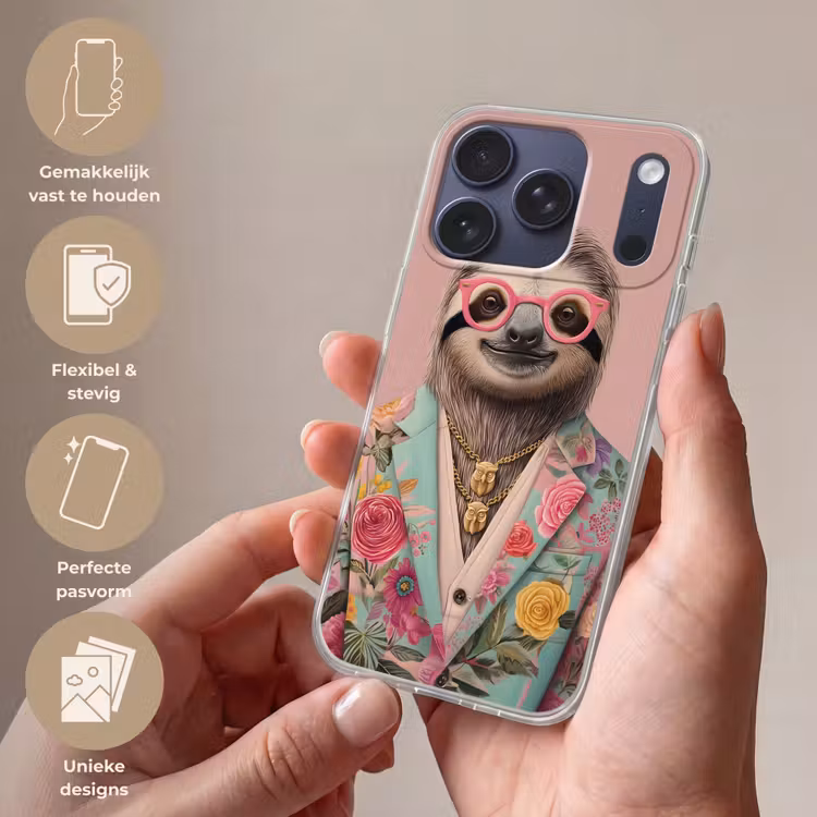 Luiaard - Bloemenprint - Bril - Roze Telefoonhoesje iPhone 17 Pro klein -sfeer3_NL