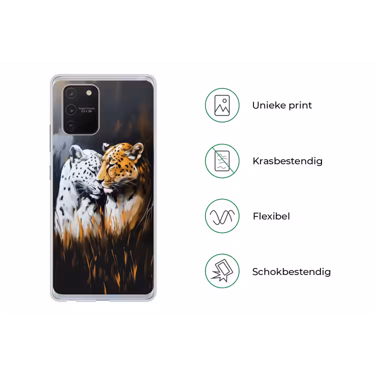 Luipaard - Oranje - Wit - Gras Telefoonhoesje Samsung Galaxy S10 Lite klein -specsS10Lite