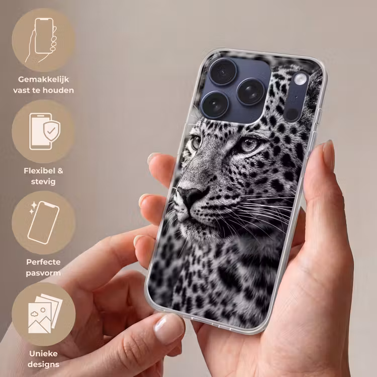 Luipaard - Zwart - Wit - Oog Telefoonhoesje iPhone 17 Pro klein -sfeer3_NL