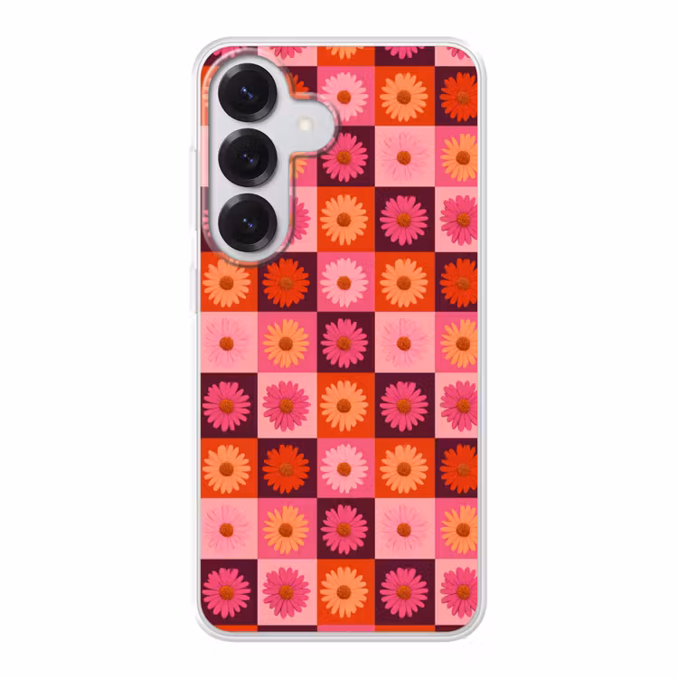 Madeliefjes - Dambord - Retro - Roze - Oranje Telefoonhoesje Samsung Galaxy S26 klein 975 -3d
