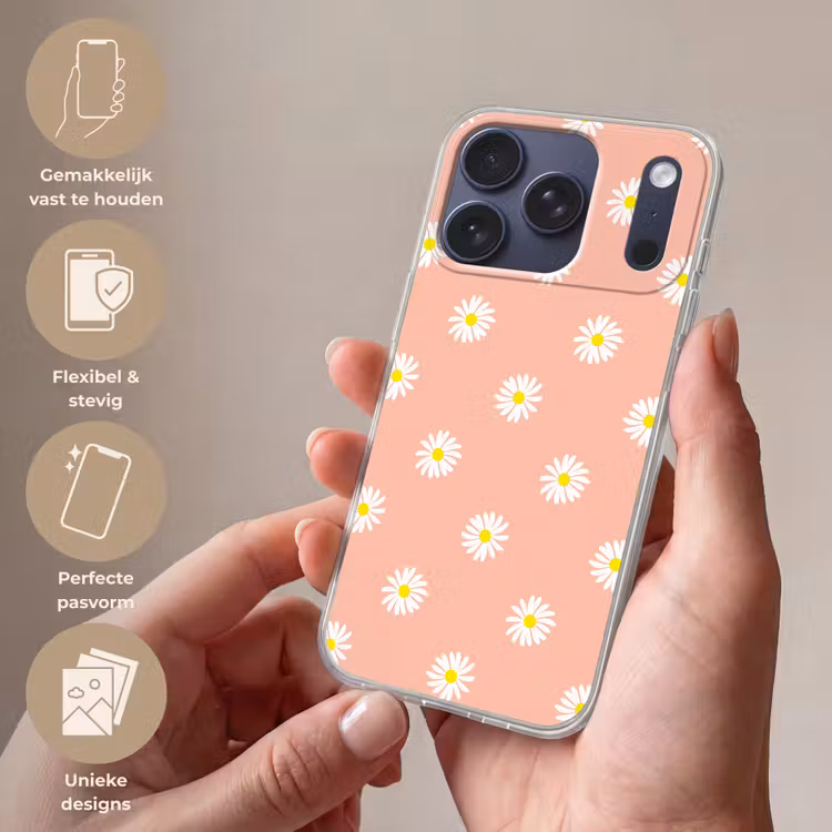 Madeliefjes - Pastel - Wit - Roze - Bloemen print Telefoonhoesje iPhone 17 Pro klein -sfeer3_NL